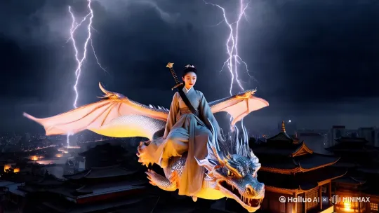 闪电划过天空，照亮了一位年轻的中国古典美女，她脚踏神龙，背负神剑，从城市上空飞过 by Hailuo AI Video Generator