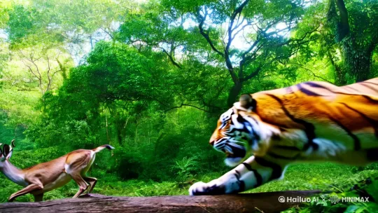 一直雄壮的老虎在森林里追着一头麋鹿 by Hailuo AI Video Generator