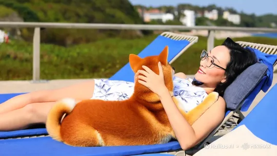 夏日的午后，海边，沙摊，她懒懒地地躺在沙发床上晒太阳，小柴狗趴在她身旁着她的脸，她翻身过来，高兴地抱起它嬉闹着… by Hailuo AI Video Generator