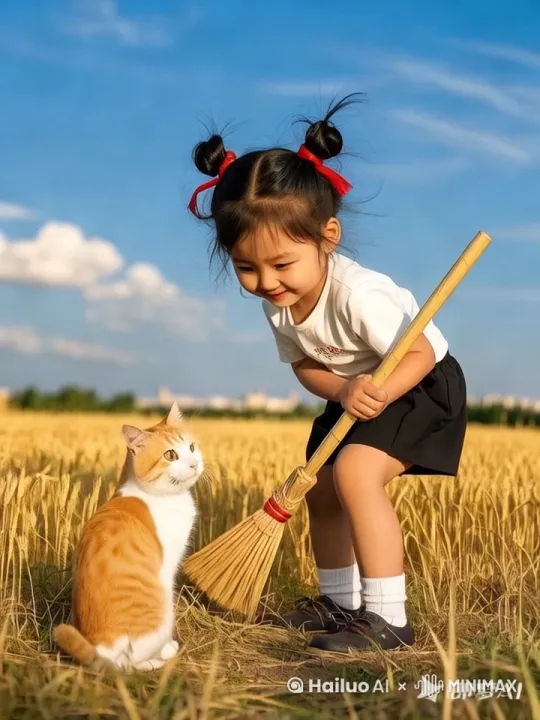 电影质感，小女孩突然跳起，猫吓一跳，然后追打起来，然后小女孩和猫各自打起来中国功夫，👍镜头跟随[左移,上升] by Hailuo AI Video Generator