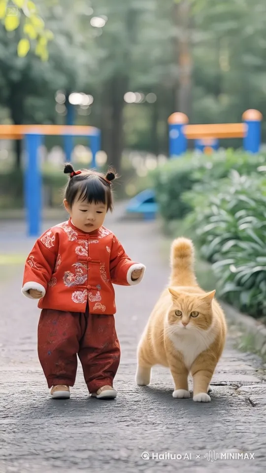 让让图中小男孩和大橘猫进行打斗，要求动作流畅，要有电影质感 高清8K by Hailuo AI Video Generator