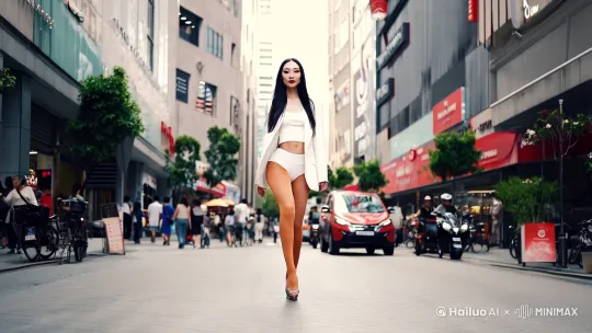 一位中国美女，白领，大长腿，上身露腰白色西服，下身白色三角内裤，腿上肉色丝袜，高跟鞋，走在街上，迈着自信步伐，镜头正面拍摄，仰视角度，推进 by Hailuo AI Video Generator