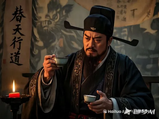 0-1秒：

特写镜头（推近）：狼毫笔尖重重顿在"敢笑黄巢不丈夫"的"夫"字收尾处，墨汁飞溅成血珠

运镜：镜头随甩出的墨点弧形上移，带出血色残月

1-2.5秒：

中景横移：宋江披发仰天狂笑，手中酒坛倾泻，酒液与江火融成金红瀑布

特效：身后"忠义"灯笼逐帧崩裂，碎片卷入狂风

2.5-4秒：

俯冲转仰拍：从坠落的灯笼碎片中穿透，仰视他震碎枷锁的慢动作

动态：铁链断裂瞬间气浪掀飞衙役帽盔

4-5秒：

全景升格镜头：逆光中宋江袍袖翻涌如黑焰，题诗墙轰然倒塌

收尾：碎砖间隙透出"聚义梁山"旗帜虚影，画面渐隐为墨渍涟漪 by Hailuo AI Video Generator