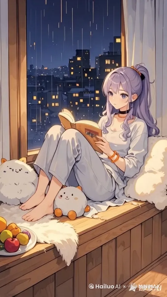 窗外下着雨，女孩打了个哈欠 by Hailuo AI Video Generator