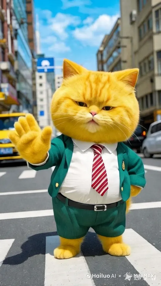 他停在斑马线前，让年迈的长着胡子的蓝色大胖猫从他通过面前经过斑马线横穿马路，用手比着暂停手势拦着这些车通过 by Hailuo AI Video Generator