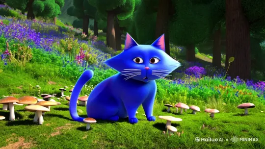一只蓝色的胖胖的猫在山里采蘑菇 by Hailuo AI Video Generator