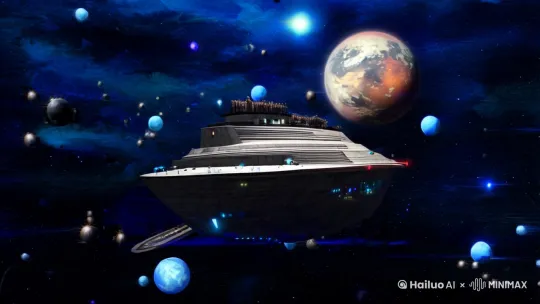诺亚方舟在宇宙间航行[左移,推进,右摇]，配上科幻风格的音乐 by Hailuo AI Video Generator