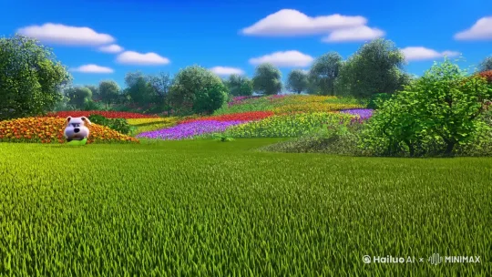3D皮克斯风格，阳光明媚的草地，一只可爱的机器狗在奔跑，毛发细腻有光泽，背景是蓝天白云，远处有树木和花朵，画面充满活力与欢乐。 by Hailuo AI Video Generator