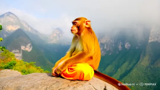 A golden monkey. Wearing Buddhist robes. Sitting on a rock in the mountains. Meditation and meditation.细节逼真。8K高清[右摇][拉远] by Hailuo AI Video Generator