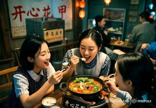 [右移,左摇,跟随]动态跟随，女孩们开心的交谈[左移,上升]吃着美食，大师级摄影，大师级光效，达芬奇大师后期调色 by Hailuo AI Video Generator