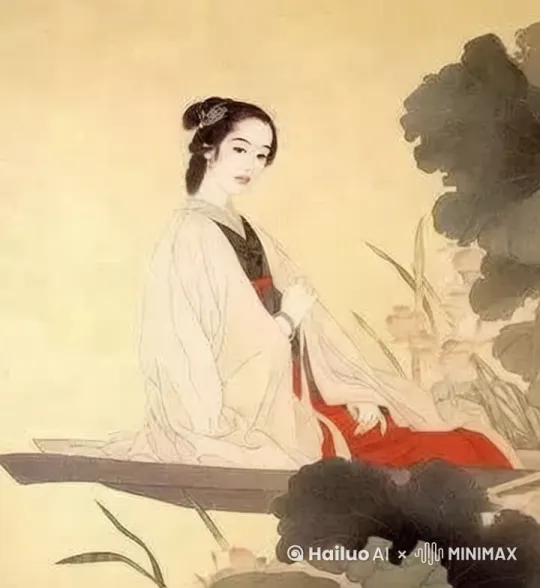 小船轻轻摇动，镜头靠近，荷叶随风而动，女人优雅地伸出一只手，抚摸荷叶，头缓缓转过去，眼睛慢慢看向荷叶，画面鲜活起来。 by Hailuo AI Video Generator