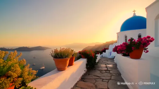 (best quality),(ultra-detailed),(masterpiece),8k resolution,rule of thirds composition,overlooking Aegean Sea,whitewashed Cycladic architecture with cobalt blue domes,terracotta pots overflowing with bougainvillea,weathered stone path with wild thyme clusters,sailboats dotting azure waters,seagulls soaring near cliff edge.cinematic composition using golden ratio,hyperrealistic texture details,Mediterranean golden hour lighting with rim light effect,soft bokeh on distant windmills,[推出,上升,下摇] by Hailuo AI Video Generator