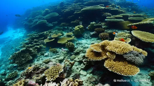 在海底观察珊瑚礁可以看到各种各样的珊瑚礁，可以看到活的珊瑚，自由呼吸的样子，还有珊瑚礁周围的小丑鱼，还有玫瑰型的珊瑚礁，还有其他我不认识的各种鱼类，深海海底的美景非常的 by Hailuo AI Video Generator