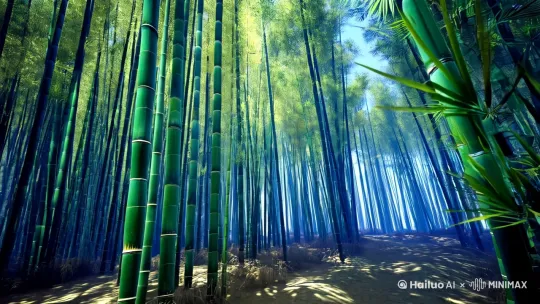 茂密的竹林中，晨光透过竹叶间隙形成光斑，竹竿随风摇曳发出沙沙声。镜头跟随一只蓝翅蝴蝶穿过竹林，最终停驻在沾满露珠的竹枝上。画面加入微距特写与广角全景交替，风格融合工笔画细腻笔触与动态粒子特效，背景音效为竹笛空灵旋律。 by Hailuo AI Video Generator