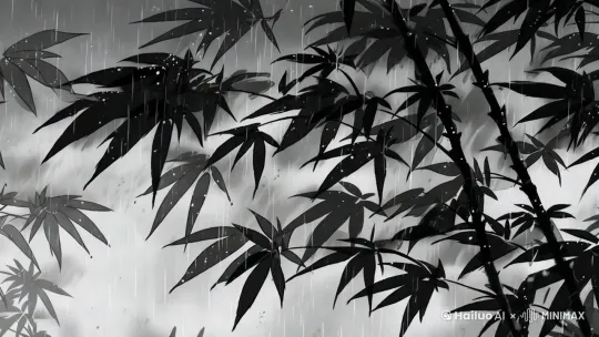 "Vertical tilt-up through bamboo stalks, 
raindrops appear to slide down 'virtual glass' (模拟裱画玻璃效果), 
mimic viewing a hanging scroll from bottom to top, 
synchronize leaf fall speed with camera movement, 
--motion intensity 5 --motion_arc 15" by Hailuo AI Video Generator