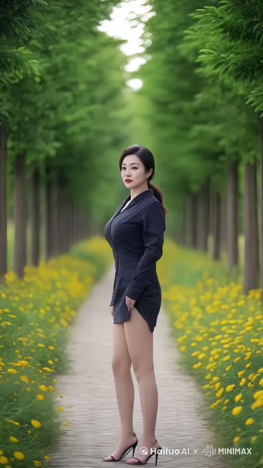 女人站在林荫小道上，身穿黑色连衣裙和高跟鞋。镜头从远景推近，逐渐聚焦在她身上。她微微侧身，目光投向远方，微风吹动树叶和花朵。她转身迈步，沿着小道前行，步伐稳健优雅。镜头跟随她的步伐，小道两旁的绿色树木和黄色花朵交替出现，营造出宁静和谐的氛围。她继续前行，渐渐远去，消失在林荫小道的尽头，画面充满自然宁静与优雅。[推进,跟随]
）保持主体特征不变形，不扭曲，不毁容，不模糊 by Hailuo AI Video Generator