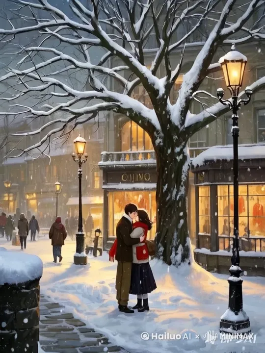 路人在行走  大雪在飘落 情人在拥抱 by Hailuo AI Video Generator