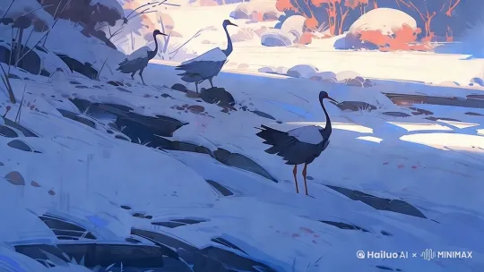 "Dolly zoom combined with clockwise rotation, 
create vortex effect around the crane's flight path, 
simulate leaning in to examine brushwork details, 
maintain frozen waterfall's sharp texture, 
--motion intensity 7 --motion_zoom 1.5x" by Hailuo AI Video Generator