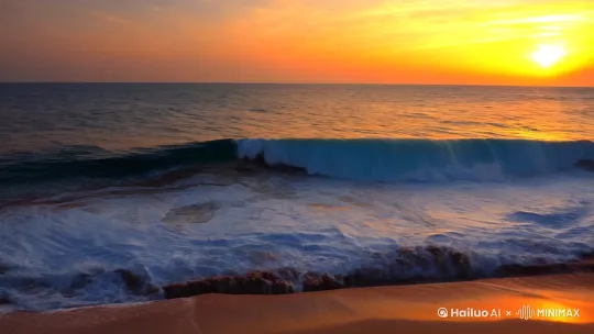 [右摇,变焦推进]夕阳的余晖照射在海面上 海浪拍打在沙滩上 海面上有一艘小船在慢慢行驶 by Hailuo AI Video Generator