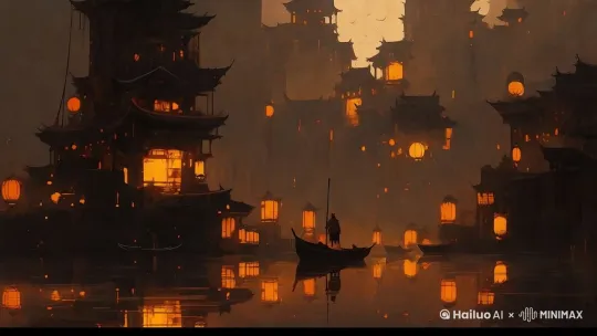 "Micro-tremor effect on water surface (0.5px振幅), 
ripples emanate from lantern reflections, 
as if breath disturbing rice paper, 
keep architecture completely static, 
--motion intensity 2 --motion_frequency 0.3Hz.The ship slowly moved forward on the water." by Hailuo AI Video Generator