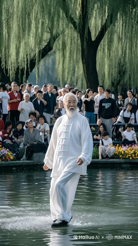 "镜头移动，动态跟随，镜头拉远，在一条波光粼粼的河流之上，阳光洒下，河面闪烁着细碎的金光。一位精神矍铄的老人，身着朴素的传统服饰，稳稳地站在河面上。 
只见老人双脚轻点，如同一道黑色的闪电，瞬间施展出中国功夫中的“轻功水上漂”。他的身姿轻盈飘逸，每一步落下，都在水面上激起一圈圈涟漪，紧接着便如离弦之箭般向前飞奔。水花被他的脚步高高溅起，在空中形成一道道晶莹的弧线，纷纷扬扬地洒落。 
老人的动作不仅迅速，还极具节奏感，仿佛在水上翩翩起舞。他的身影在河面快速穿梭，激起的水花愈发密集，发出“噼里啪啦”的声响。 
伴随着这阵剧烈的动静，河里的鱼儿像是受到了惊吓，纷纷从水中炸了出来。它们在空中拼命扭动着身躯，鳞片在阳光下闪烁着五彩光芒，随后又“噗通噗通”地落回水里。 
岸边早已围满了围观的人群，大家都被这神奇的一幕惊得目瞪口呆。片刻后，人群中爆发出一阵热烈的掌声和叫好声。有人激动地挥舞着手臂，有人忍不住大声赞叹，所有人都沉浸在这震撼又精彩的场景之中 by Hailuo AI Video Generator