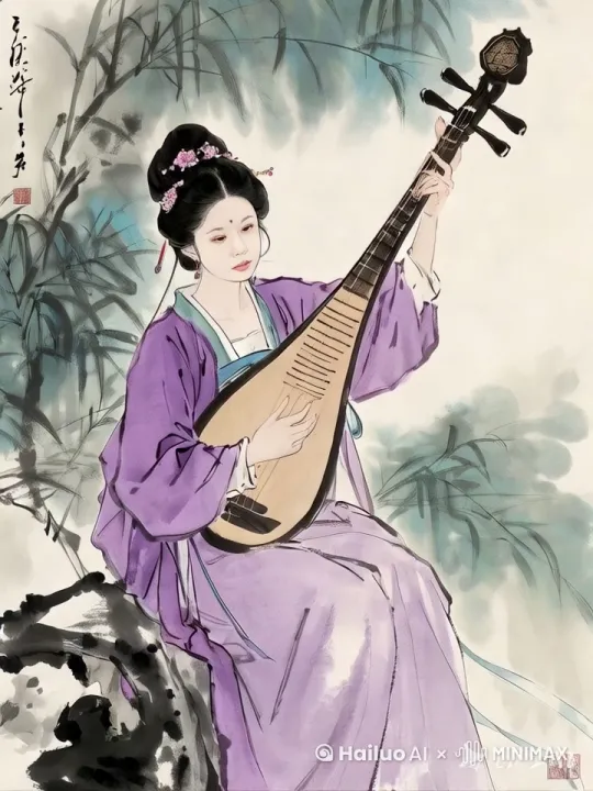 弹奏琵琶的女子，从画中站起来并走出画布 by Hailuo AI Video Generator