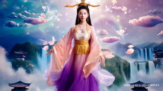1. **主体描述:**
"仙气缭绕的绝美女神从天而降,汉服风格长裙,半透明渐变薄纱广袖,腰间金色刺绣流苏束腰,身材曼妙锁骨处有发光莲花纹身"
2. **动作特征:**
"动态旋转飘落姿势,飘动的长发呈现丝绸质感,裙摆如花瓣般绽放,手指结法印姿态优雅,周身环绕飘散的水墨桃花"
3. **色彩方案:**
"樱花粉与天青渐变主色调,薰衣草紫薄纱点缀,金色光效描边,珍珠白打底,虹彩光晕效果"
4. **特效增强:**
"柔和的逆光效果,星尘粒子特效,水彩泼墨背景,半透明灵气波纹,琉璃质感饰品反光"
5. **环境氛围:**
"云端仙境场景,悬浮的古典亭台虚影,远处若隐若现的青山瀑布,彩虹渐变祥云环绕"
---
**进阶修饰词(可根据需要叠加):**
- "新国风美学风格"
- "工笔水墨渲染"
- 4K级超清细节
- 柔焦滤镜处理
- 动态模糊效果
- 透明薄纱翅膀
- 鎏金凤尾头饰
- 脚踝银铃配饰
- 仙气拖尾光效
- 三维立体层次感 by Hailuo AI Video Generator