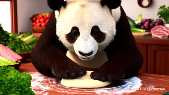 一只熊猫正在厨房和面，旁边有蔬菜，肉。实景视频 by Hailuo AI Video Generator