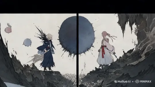 男人和女人同时走向画面中央，衣物微微飘动，风尘仆仆，最终左右画面完成拼合，男女走到一起[推进,上升] by Hailuo AI Video Generator