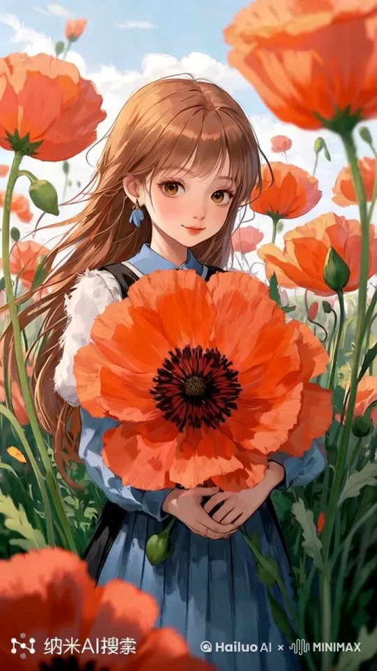 白云飘动，风吹花摇曳，发丝飞起，花朵绽放 by Hailuo AI Video Generator