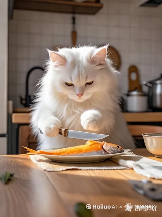 猫咪低下头，用爪子拿起一把小巧的银色餐刀。它的耳朵微微向后抿着，小脑袋左右晃动，努力调整着餐刀的位置，让它能更好地控制。它的眼睛紧紧盯着鱼身，眼神中充满了坚定和专注，开始小心翼翼地切割小鱼。由于爪子使用餐刀并不灵活，它的动作显得有些笨拙，但每一下都很用力，试图将鱼切开。随着餐刀的移动，鱼身上渐渐出现了一道浅浅的痕迹。  小刀切鱼时发出的细微“呲呲”声，以及猫咪因用力而发出的轻微喘气声 厨房餐桌 by Hailuo AI Video Generator