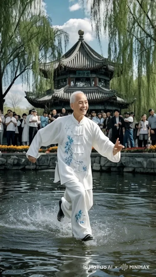 "镜头移动，动态跟随，镜头拉远，在一条波光粼粼的河流之上，阳光洒下，河面闪烁着细碎的金光。一位精神矍铄的老人，身着朴素的传统服饰，稳稳地站在河面上。 
只见老人双脚轻点，如同一道黑色的闪电，瞬间施展出中国功夫中的“轻功水上漂”。他的身姿轻盈飘逸，每一步落下，都在水面上激起一圈圈涟漪，紧接着便如离弦之箭般向前飞奔。水花被他的脚步高高溅起，在空中形成一道道晶莹的弧线，纷纷扬扬地洒落。 
老人的动作不仅迅速，还极具节奏感，仿佛在水上翩翩起舞。他的身影在河面快速穿梭，激起的水花愈发密集，发出“噼里啪啦”的声响。 
伴随着这阵剧烈的动静，河里的鱼儿像是受到了惊吓，纷纷从水中炸了出来。它们在空中拼命扭动着身躯，鳞片在阳光下闪烁着五彩光芒，随后又“噗通噗通”地落回水里。 
岸边早已围满了围观的人群，大家都被这神奇的一幕惊得目瞪口呆。片刻后，人群中爆发出一阵热烈的掌声和叫好声。有人激动地挥舞着手臂，有人忍不住大声赞叹，所有人都沉浸在这震撼又精彩的场景之中 by Hailuo AI Video Generator