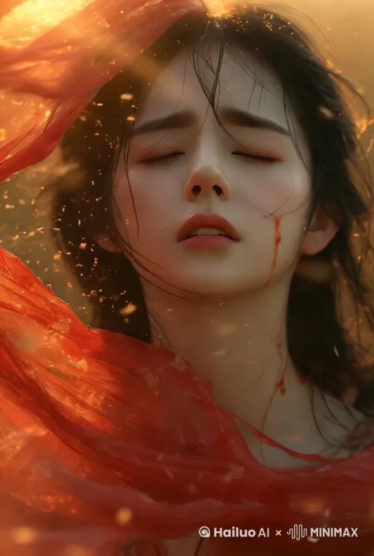 人物保持不动，眼泪缓缓流下。周围红纱和粒子飘摇。 by Hailuo AI Video Generator