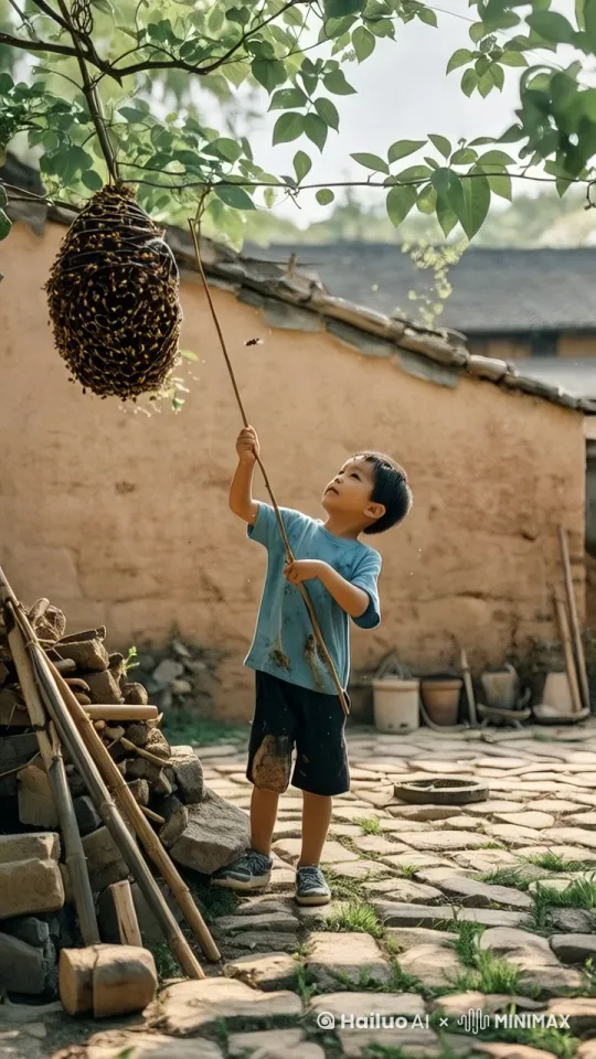 小孩拿竹子去捅马蜂窝，马蜂窝掉落，无数马蜂飞落到小孩身上，小孩上窜下跳，小孩快速逃跑，所有蜜蜂跟着小孩追飞快逃跑，小孩一边跑一边拍打着 by Hailuo AI Video Generator