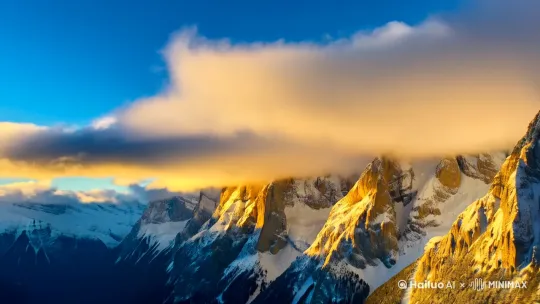 环绕镜头，聚焦雄奇雪山，金色阳光从云层缝隙洒落，照亮山峰顶部，飘逸的云层缓缓流动，背景是深邃的天空与雪山的轮廓，画面充满震撼的视觉冲击力 by Hailuo AI Video Generator