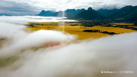 航拍高空俯冲镜头，从云层穿透至地面，金黄花海如地毯般铺满大地，远处青山如黛，村落点缀其间。阳光穿透云层形成丁达尔效应，光束洒在花田上。
[推进,右摇] by Hailuo AI Video Generator