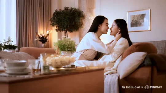 一对年轻的漂亮的中国夫妻在家的房间里亲热，先在沙发上，之后在床上。[推进,上升][右移,左摇,跟随] by Hailuo AI Video Generator