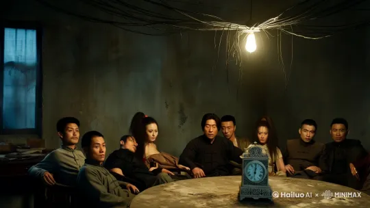 在一个在一个老旧的房间里，房子中央挂着一个老旧的钨丝灯，电线是黑色的， 房间整体偏暗，整间房子是四周都是墙壁没有窗户，房间的正中央放着一张大圆桌，看起来已经斑驳不堪。桌子中央立着一尊小小的欧式座钟花纹十分繁复，围绕桌子一周，作者是个衣着各异的中国人有男有女，2个男的寸发，2个中分3个偏分，女的有1人短发，1人马尾辫，2人长发，有两个男的趴在桌面上，三个女的趴在桌面上。四个男的仰坐在椅子上，在他们身边静静的站着，一个戴着山羊头面具身穿黑色西装的男人。 by Hailuo AI Video Generator
