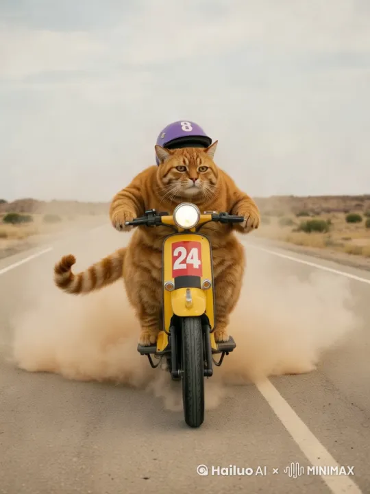 镜头固定，橘猫开车，快速向前行驶 by Hailuo AI Video Generator