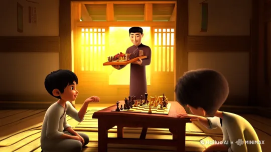 1. **古风学堂全景**：阳光洒进木窗，弈秋手持棋盘，两位学生跪坐桌前。  
2. **弈秋微笑示范**：特写弈秋的手指在棋盘上落子，棋子泛着金光。  
3. **学生甲瞪大眼睛**：镜头推近，甲紧盯棋盘，头上冒出“思考云朵”（内含棋谱）。  
4. **学生乙打哈欠**：乙托腮发呆，背景虚化，窗外隐约有鸟影。  
5. **甲深夜练棋**：月光下，甲在油灯前摆棋，影子投在墙上。  
6. **乙白日做梦**：乙趴在桌上，幻想自己变成大侠，踩着云朵舞剑。  
7. **弈秋讲解战术**：黑板（竹简）上画满箭头，甲认真笔记，乙偷瞄窗外。  
8. **天鹅飞过窗口**：一只雪白的天鹅掠过，羽毛飘进学堂。  
9. **学生乙转头张望**：乙眼睛发亮，身体侧倾，手偷偷摸向书包（藏弹弓）。  
10. **甲闭目复盘**：闭眼脑中浮现棋盘，棋子自动移动（动态特效）。  
11. **乙溜出学堂**：乙蹑手蹑脚跑到树下，拉弹弓瞄准天鹅。  
12. **弈秋摇头叹息**：老师扶额，对比镜头：甲专注下棋 vs 乙射偏弹弓。  
13. **甲对弈胜出**：甲与弈秋下棋，棋盘迸发星光，胜利符号（✨）弹出。  
14. **乙被蝴蝶吸引**：乙追蝴蝶撞到树，弹弓掉进池塘，青蛙跳起。  
15. **甲获奖牌**：村民为甲戴上“棋艺之星”花环，乙躲在树后偷看。  
16. **乙懊恼抹泪**：乙坐在地上，手中棋子变成哭脸表情。  
17. **弈秋摸甲的头**：老师微笑递上新棋谱，甲鞠躬感谢。  
18. **幻想天鹅嘲笑**：天鹅叼走乙的帽子，扑翅飞走（滑稽音效）。  
19. **甲教小朋友下棋**：甲在村口教孩童，孩子们围坐成圈。  
20. **乙重新握棋**：乙擦干眼泪，捡起棋子，眼神坚定。  
21. **四季变换蒙太奇**：甲和乙同步练棋（春樱、夏荷、秋叶、冬雪）。  
22. **最终对决棋盘**：甲VS乙，棋子化作龙虎争斗特效。  
23. **乙胜利微笑**：乙终于赢棋，弈秋竖起大拇指。  
24. **现代儿童学习**：镜头转场，现代小女孩专注看书，旁白：“专心致志，你也能做到！” by Hailuo AI Video Generator