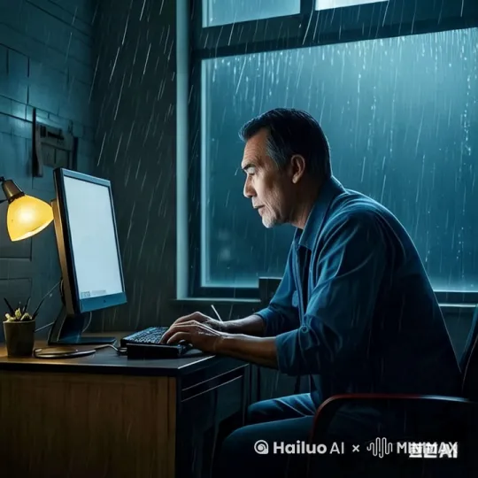 男人慢慢起身,吃了杯水，转身走到窗前,望着窗外。伸了一个懒腰。 by Hailuo AI Video Generator