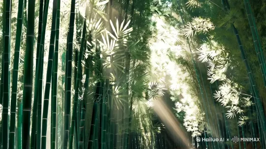 “茂密的竹林中,晨风拂过竹叶发出沙沙声,阳光从竹枝间斜射形成光柱。镜头以第一视角穿梭于竹林小径,偶尔有露珠从叶尖滴落。画面风格偏向水墨淡彩,竹影摇曳时有轻微的运动模糊,背景虚化突出竹节的纹理细节。” by Hailuo AI Video Generator
