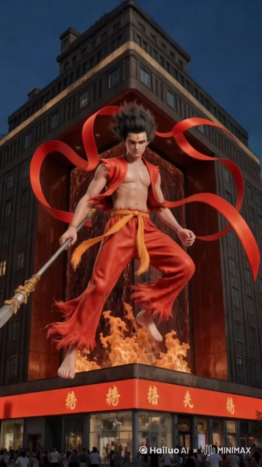 Dynamic tracking shot: The camera follows a fierce warrior with wild hair and glowing red eyes as he hovers above a burning city street. His red ribbons flow dramatically as he wields a golden spear, spinning it with supernatural precision. Flames erupt behind him, illuminating the awestruck crowd below. The warrior suddenly lunges forward, dashing through the air with immense speed. Epic cinematic lighting and high-intensity action. by Hailuo AI Video Generator