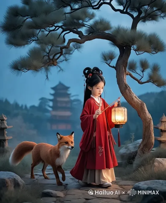 微风轻摇树枝，背景虚化，美女长发轻飘，脚步轻点，狐尾摆动 by Hailuo AI Video Generator