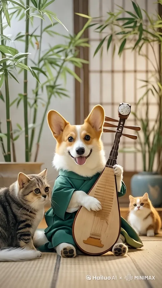 一柯基犬边弹边唱，并小猫互动 by Hailuo AI Video Generator