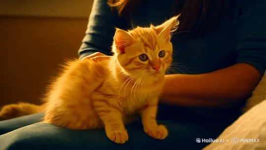 黄色小猫向着它的女主人撒娇，女主人忍不住撸起了猫。 by Hailuo AI Video Generator