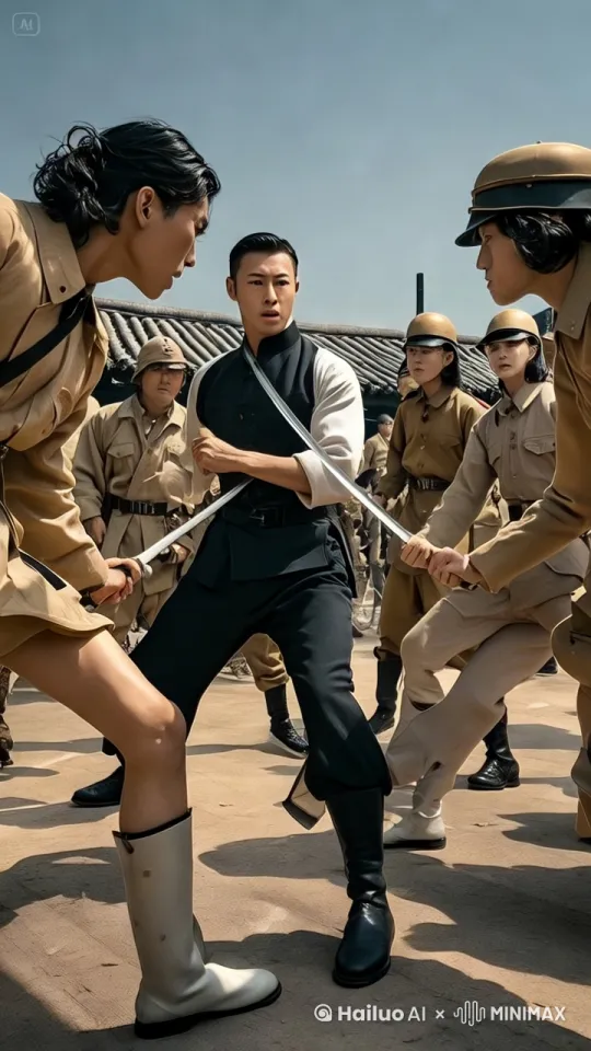 中金黑衣中间黑衣服男人成真，向左一拳打左边的人的脸，打的他惨叫口吐鲜血，然后又一掌打向右边的人的脸，打的他牙齿掉落口头鲜血惨叫连连，后面的人一起冲上来打上陈真，然后陈真转圈，一个扫堂腿，把他们全部打倒在地，口吐鲜血，惨叫连连，然后拳打脚踢，对打非常激烈 by Hailuo AI Video Generator