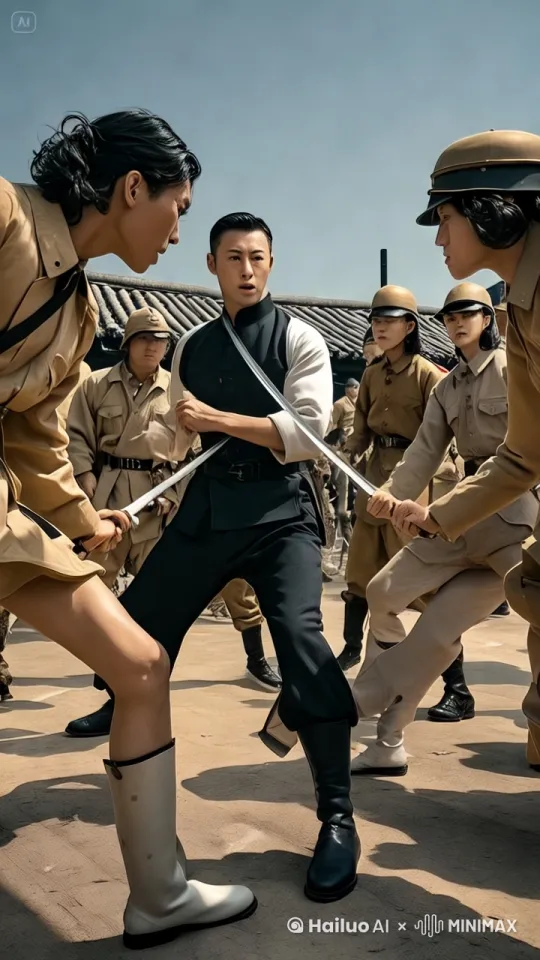 中金黑衣中间黑衣服男人成真，向左一拳打左边的人的脸，打的他惨叫口吐鲜血，然后又一掌打向右边的人的脸，打的他牙齿掉落口头鲜血惨叫连连，后面的人一起冲上来打上陈真，然后陈真转圈，一个扫堂腿，把他们全部打倒在地，口吐鲜血，惨叫连连，然后拳打脚踢，对打非常激烈全部群攻群打乱打乱杀拳打脚踢 by Hailuo AI Video Generator