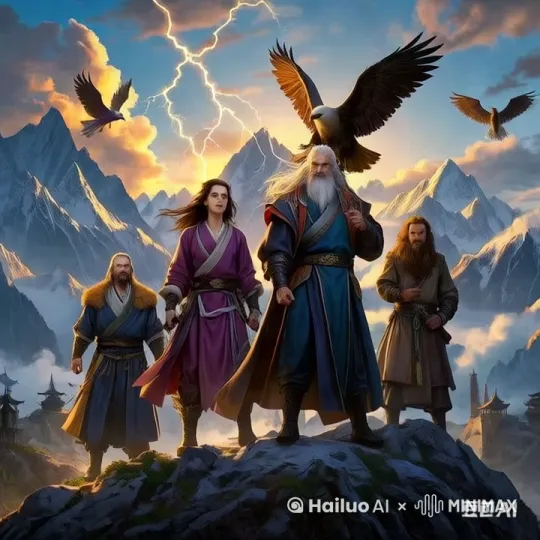 光明顶是《倚天屠龙记》中明教（被正派称为“魔教”）总坛所在地，位于西域昆仑山脉。四大法王分别是紫衫龙王黛绮丝、白眉鹰王殷天正、金毛狮王谢逊、青翼蝠王韦一笑，合称“紫白金青” by Hailuo AI Video Generator