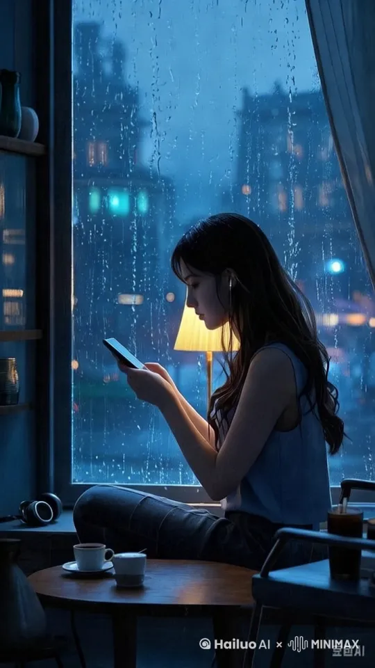"深夜雨窗动态壁纸，冷蓝调玻璃上雨水缓慢滑落，  
手机屏幕白光间歇闪烁（配合‘对方正在输入…’特效），  
人物手指反复上滑聊天记录（动作循环），  
泪水滴落屏幕溅起水波纹（0.5秒慢镜头），  
背景模糊城市霓虹渐变虚焦，动态粒子雨丝增强孤独感" by Hailuo AI Video Generator
